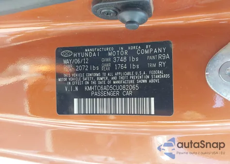 2012 Hyundai Veloster from USA, damaged, VIN KMHTC6AD5CU082065